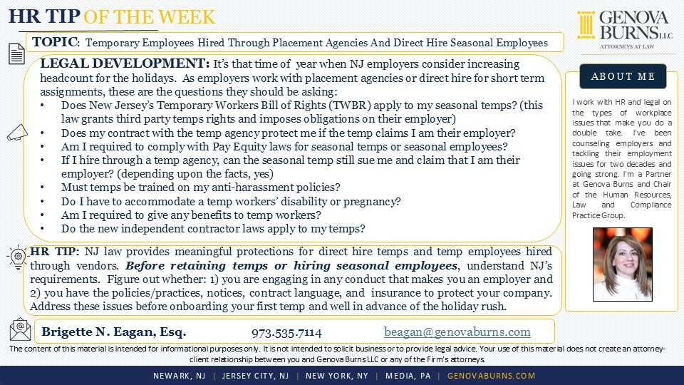 HR Tip of the Week: Temporary Employees Hired Through Placement Agencies and Direct Hire Seasonal Employees
